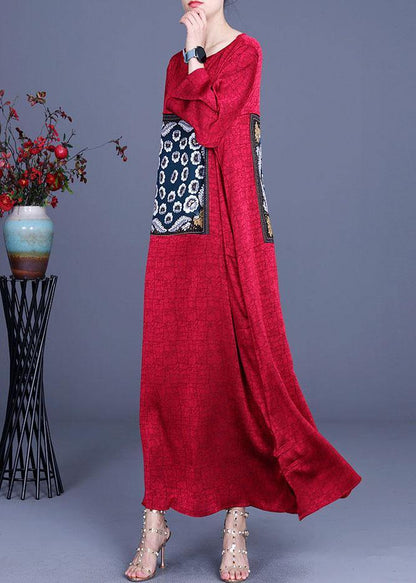 Loose Red Patchwork Print Dress Loose Silk Summer Maxi Dress