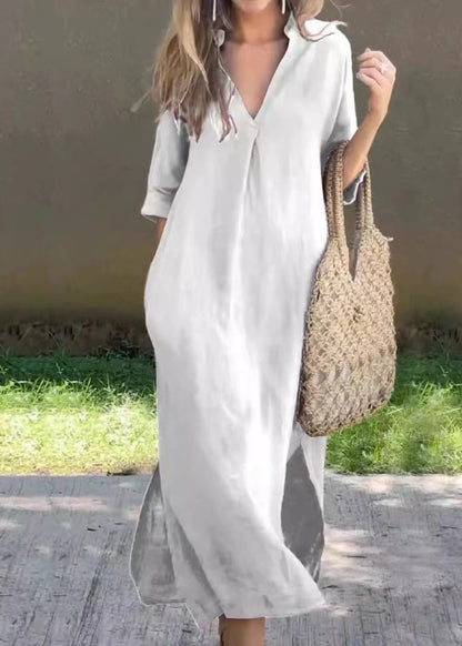 Loose Red V Neck Side Open Linen Holiday Dress Half Sleeve