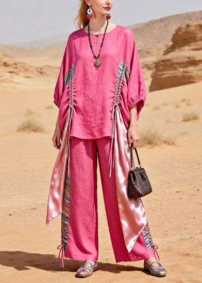 Loose Rose Asymmetrical Design Cinched Patchwork Linen Two Pieces Set Bracelet Sleeve