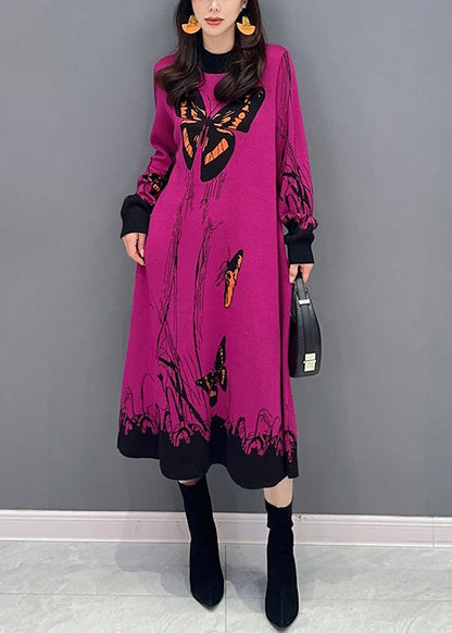 Loose Rose O-neck Print Patchwork Knit Dresses Long Sleeve