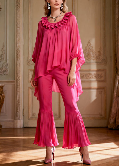 Loose Rose Ruffled Low High Design Chiffon Two Pieces Set Spring