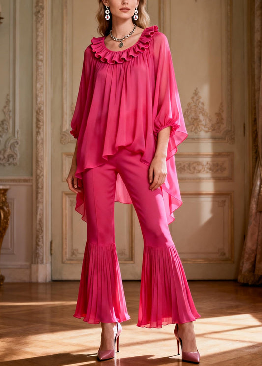 Loose Rose Ruffled Low High Design Chiffon Two Pieces Set Spring