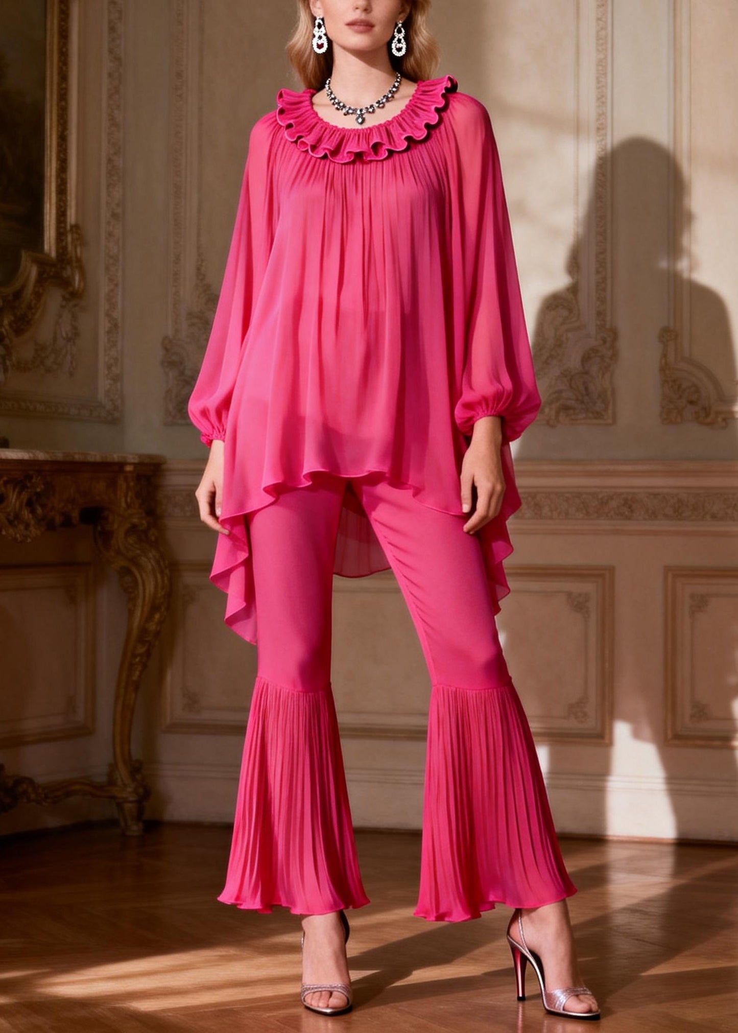 Loose Rose Ruffled Low High Design Chiffon Two Pieces Set Spring