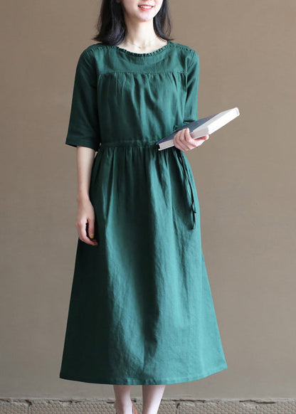 Loose Blackish Green Drawstring Ruffled Cotton Linen Vacation Dress Half Sleeve