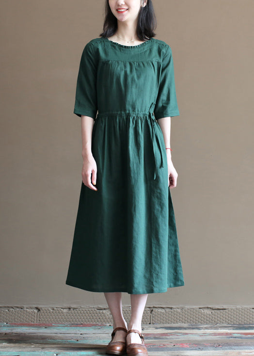 Loose Blackish Green Drawstring Ruffled Cotton Linen Vacation Dress Half Sleeve