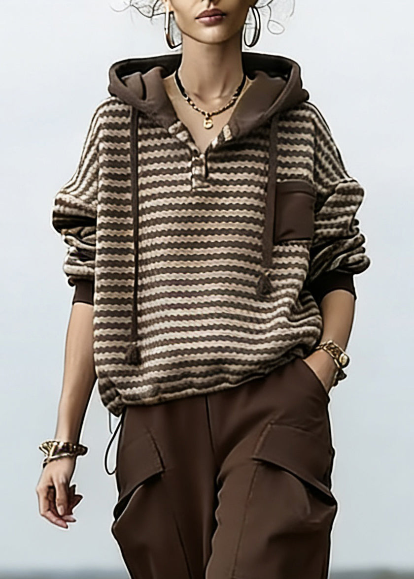 Loose Striped Drawstring Hooded Sweatshirt and Beam Pants Two Piece Set Spring