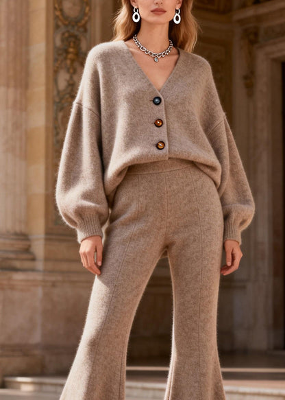 Loose V Neck Button Top and Pants Knit Two Pieces Set Spring