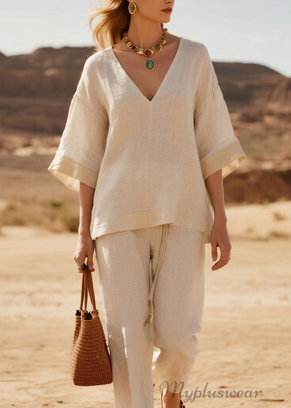 Loose V Neck Patchwork Linen Two Piece Suit Set Summer