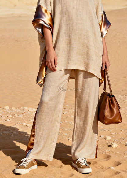 Loose V Neck Patchwork Linen Silk Two Pieces Set Summer
