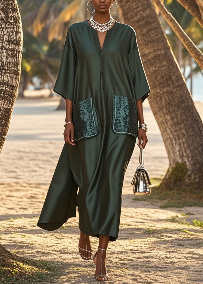 Loose V Neck Pockets Patchwork Silk Long Dress Summer