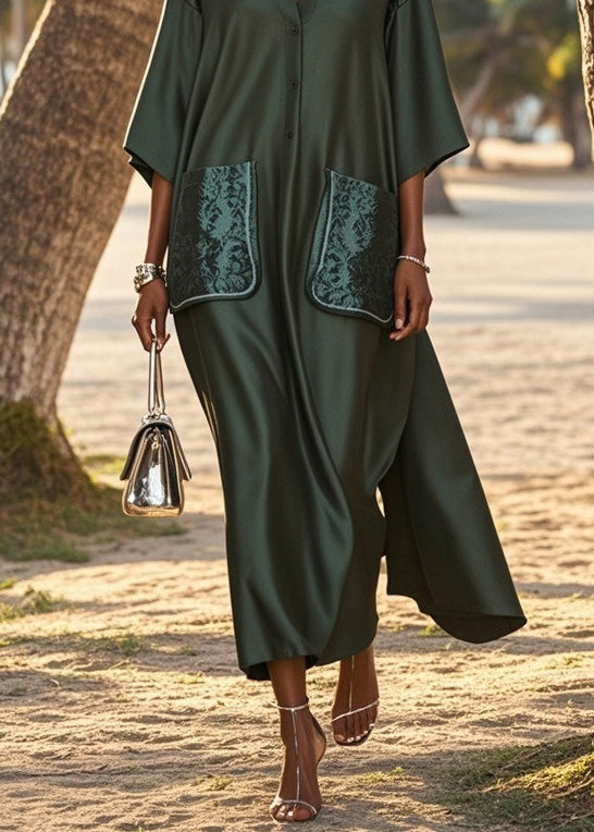 Loose V Neck Pockets Patchwork Silk Long Dress Summer