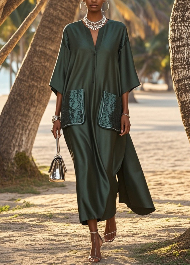 Loose V Neck Pockets Patchwork Silk Long Dress Summer