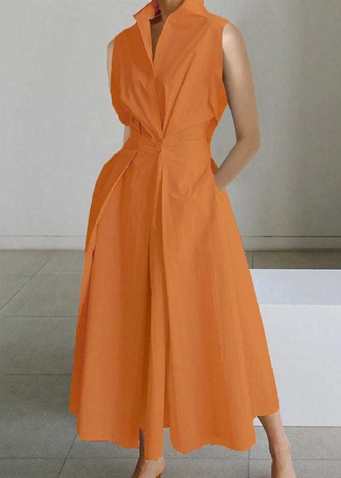 Loose White Button Pockets Cotton Long Dress Sleeveless