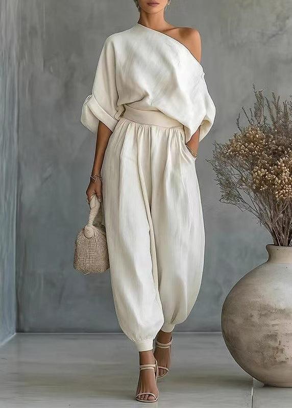 Loose White Cold Shoulder Linen Two Piece Set Clothing Summer