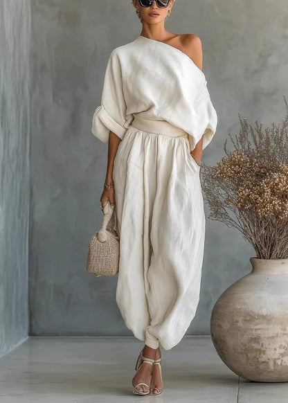 Loose White Cold Shoulder Linen Two Piece Set Clothing Summer