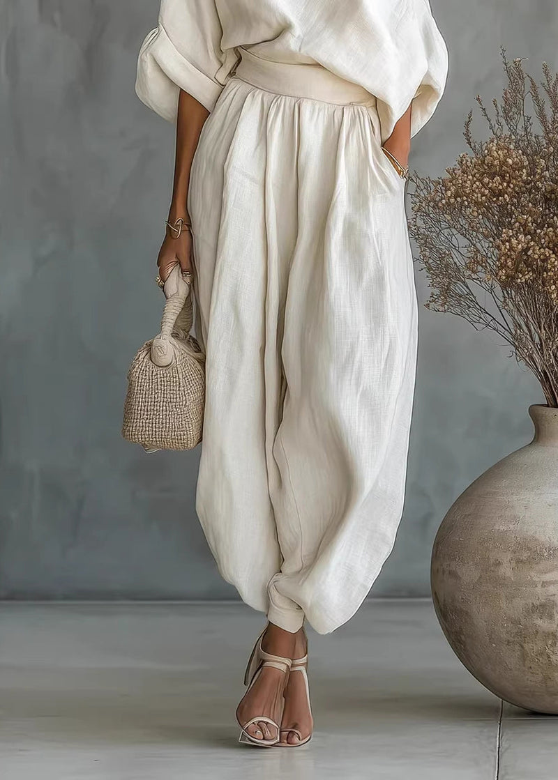 Loose White Cold Shoulder Linen Two Piece Set Clothing Summer