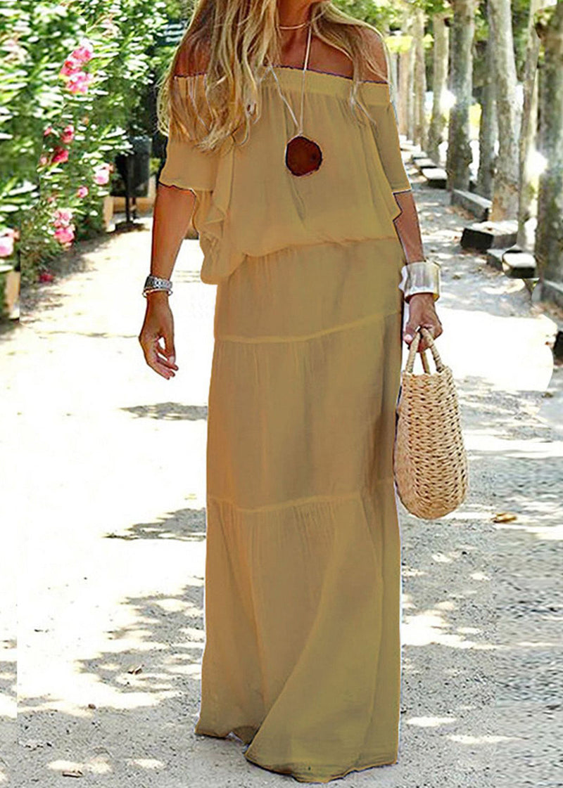 Loose White Elastic Waist Cotton Maxi Dresses Slash Neck Summer