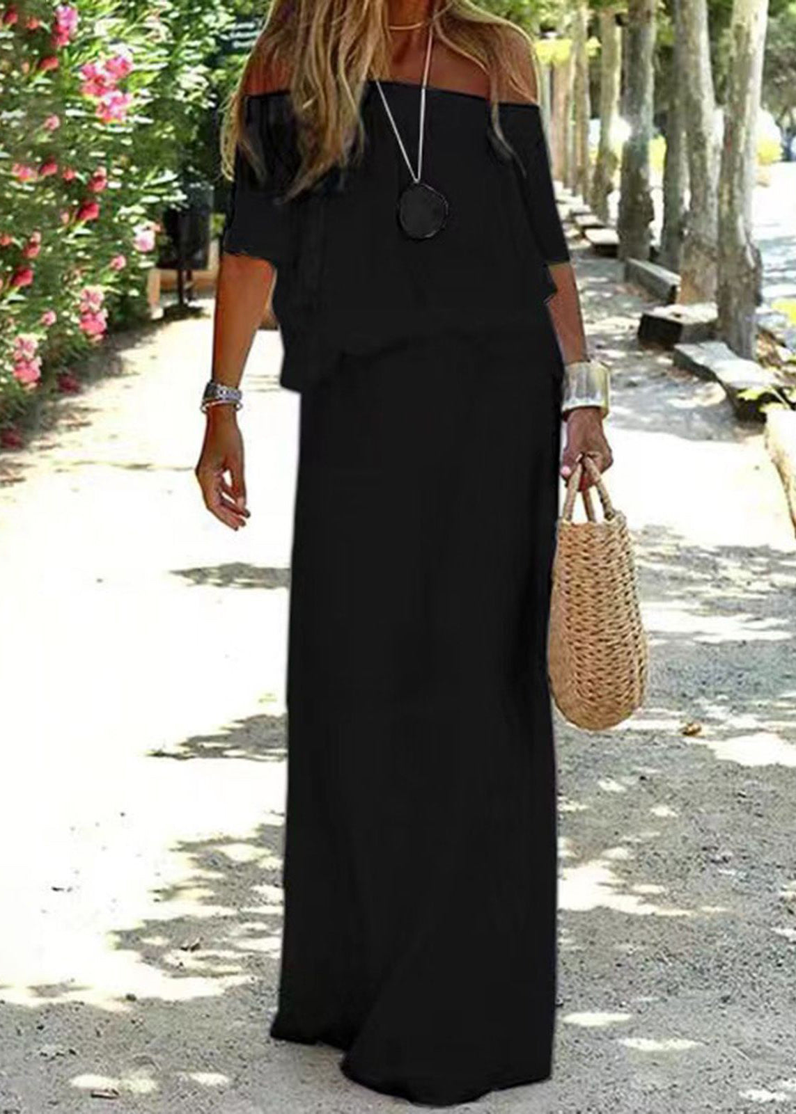 Loose White Elastic Waist Cotton Maxi Dresses Slash Neck Summer