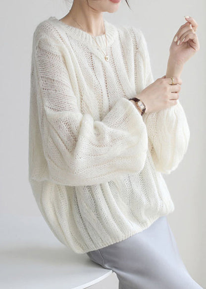 Loose White Hollow Out Cozy Woolen Shirt Puff Sleeve