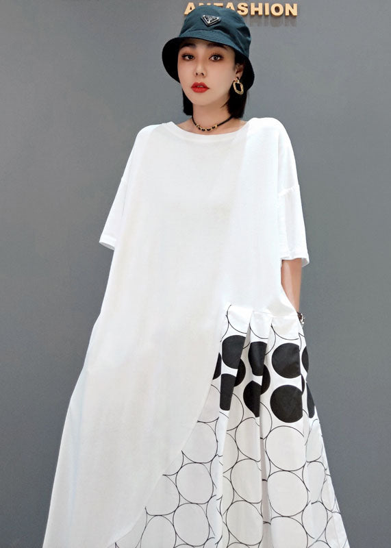 Loose White O-neck Asymmetrical Patchwork Wrinkled Dot Cotton Vacation Dresses Short Sleeve