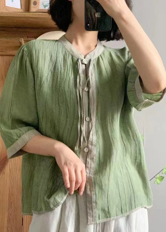 Loose White O-neck Button Linen Shirt Bracelet Sleeve