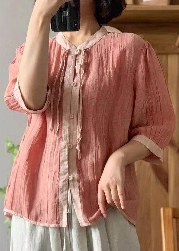 Loose White O-neck Button Linen Shirt Bracelet Sleeve
