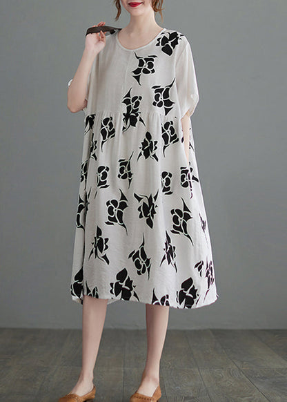 Loose White O-neck Cinched Asymmetrical Design Print Dresses Short Sleeve