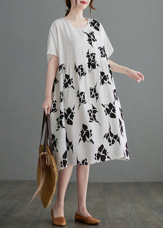 Loose White O-neck Cinched Asymmetrical Design Print Dresses Short Sleeve