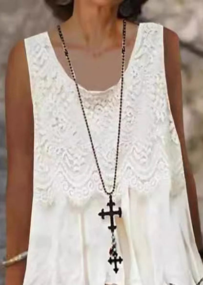 Loose White O-neck Lace Patchwork Mid Dress Sleeveless