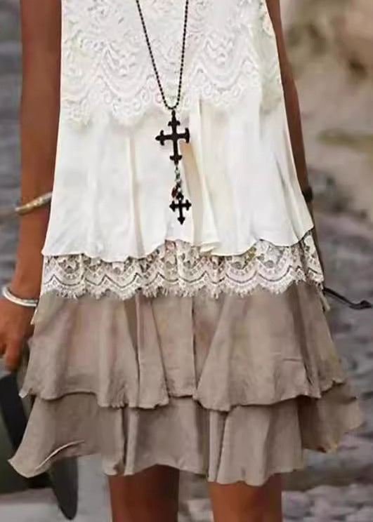 Loose White O-neck Lace Patchwork Mid Dress Sleeveless