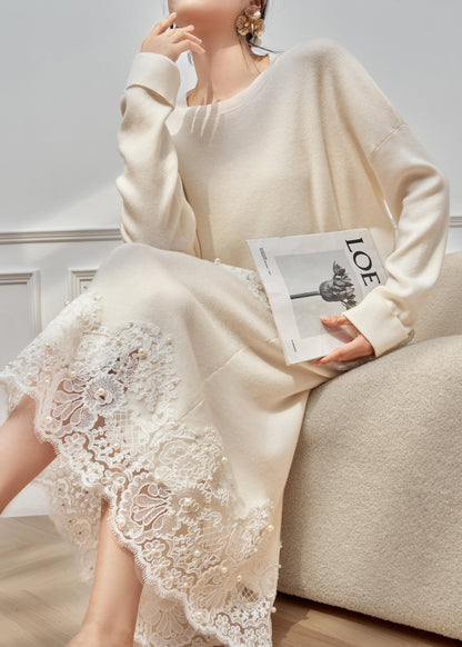 Loose White O Neck Pearl Lace Patchwork Knit Two Pieces Set Winter