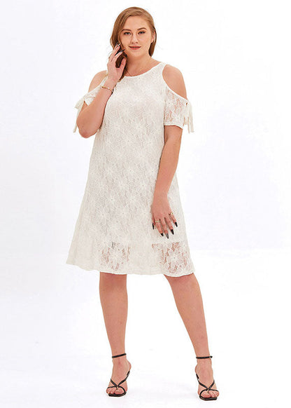 Loose White O-neck Lace Mid Dresses Summer