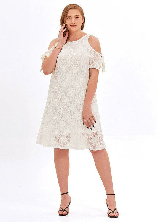 Loose White O-neck Lace Mid Dresses Summer