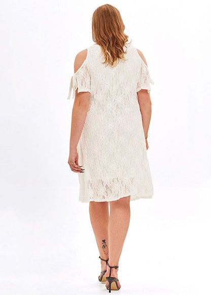 Loose White O-neck Lace Mid Dresses Summer