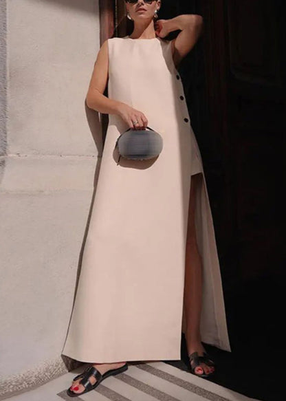 Loose White Side Open Cotton Long Dresses Sleeveless