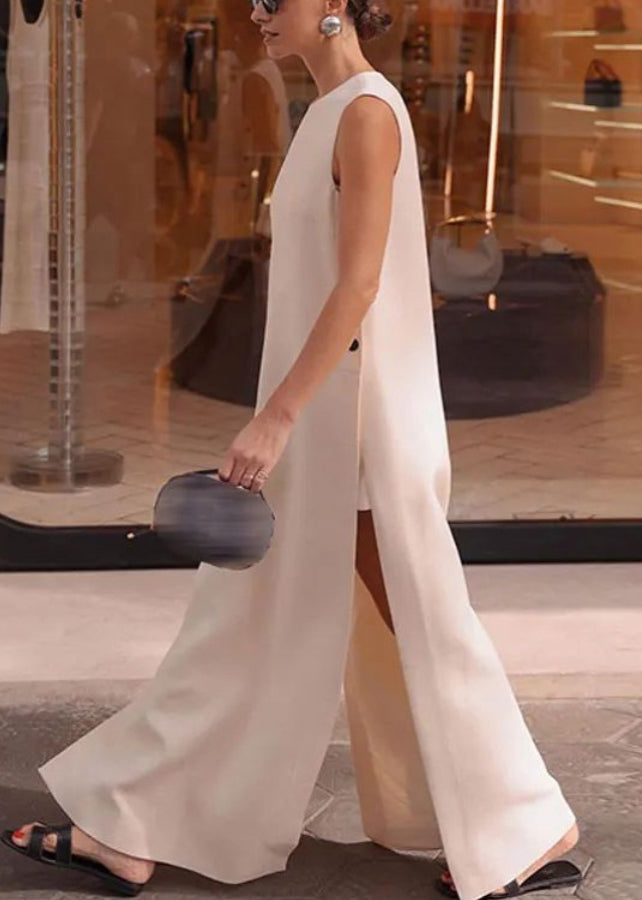 Loose White Side Open Cotton Long Dresses Sleeveless
