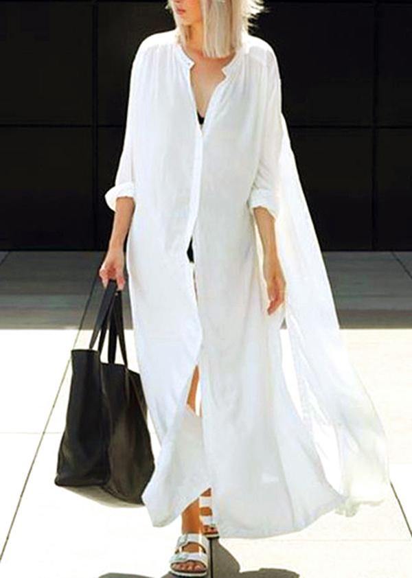 Loose White Stand Button Long Shirts Mid Dress Summer