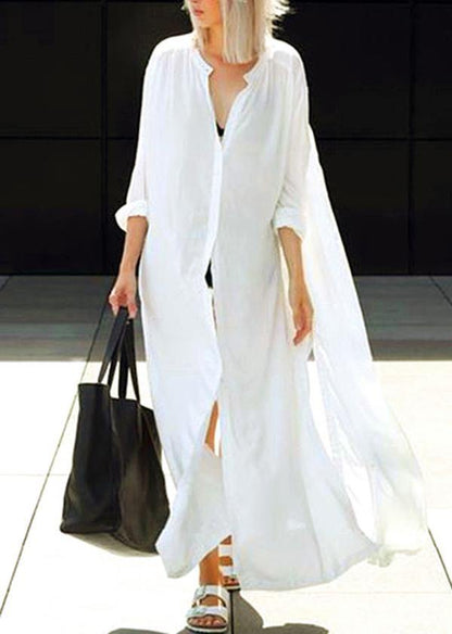 Loose White Stand Button Long Shirts Mid Dress Summer