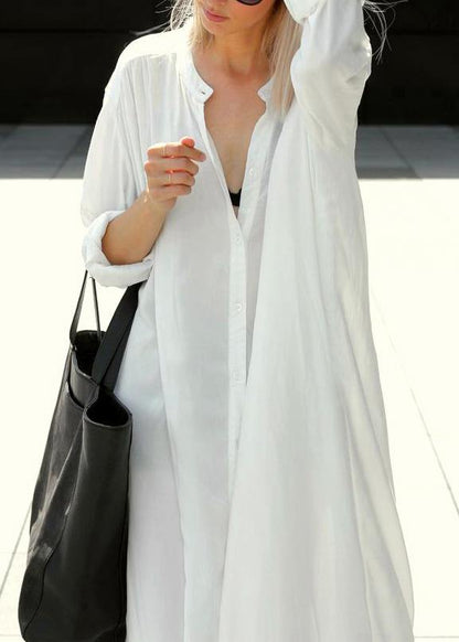 Loose White Stand Button Long Shirts Mid Dress Summer