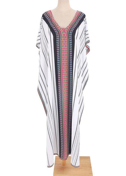 Loose White Striped Patchwork Beach Gown Holiday Cotton Dress
