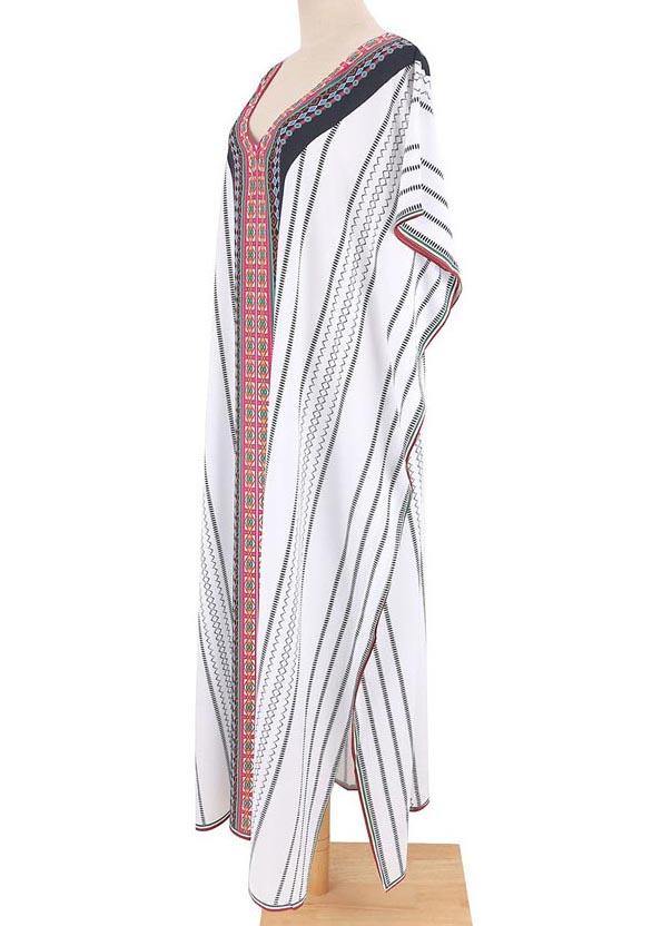 Loose White Striped Patchwork Beach Gown Holiday Cotton Dress