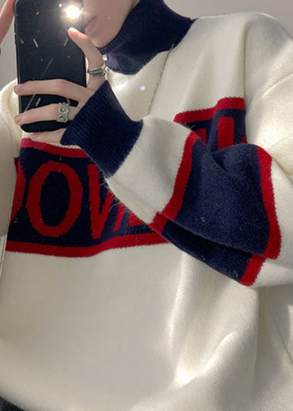 Loose White Turtleneck Letter Patchwork Knit Sweater Winter
