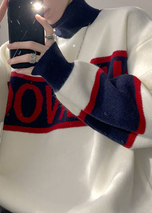 Loose White Turtleneck Letter Patchwork Knit Sweater Winter