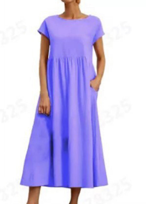 Loose Wine Red O Neck Pockets Cotton Long Dresses Summer