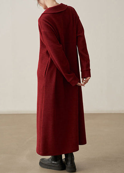 Loose Wine Red Pockets Cozy Cotton Knit Long Dresses Fall