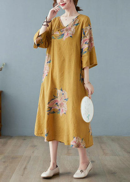 Loose Yellow V Neck Print Summer Party Dresses Half Sleeve