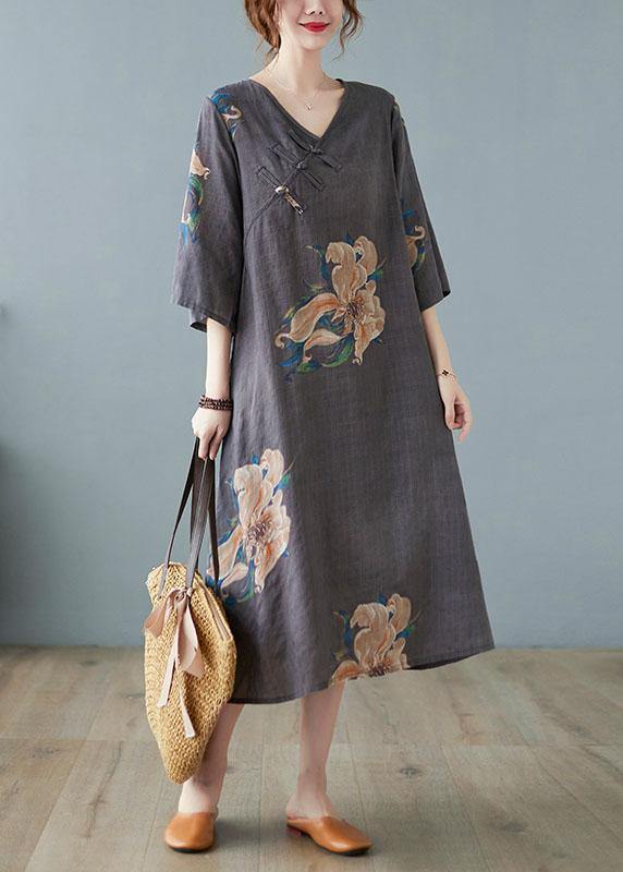 Loose Yellow V Neck Print Summer Party Dresses Half Sleeve