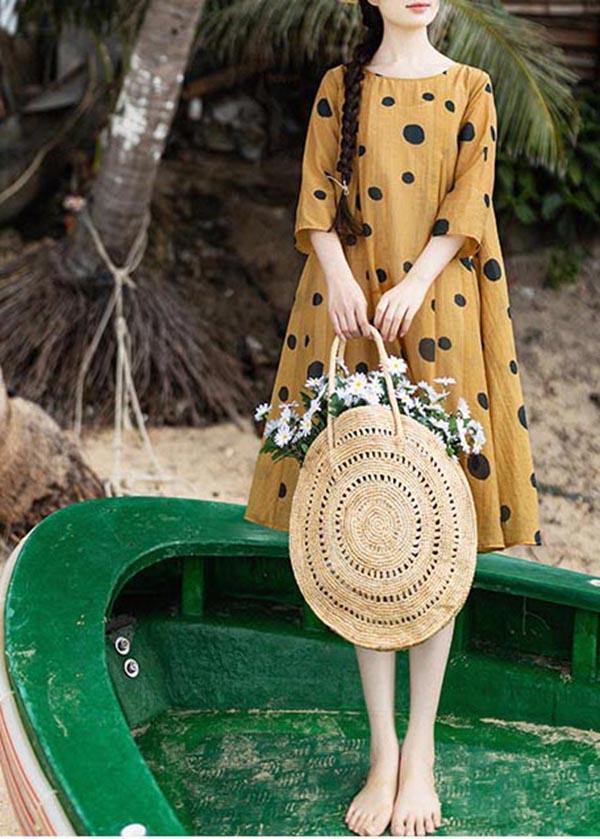 Loose Yellow Dot Half Sleeve Party Summer Chiffon Dress