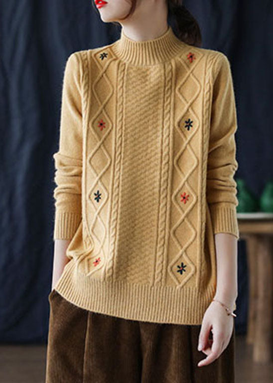 Loose Yellow Embroideried Knit Sweaters Winter
