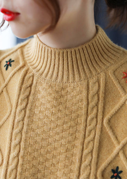 Loose Yellow Embroideried Knit Sweaters Winter